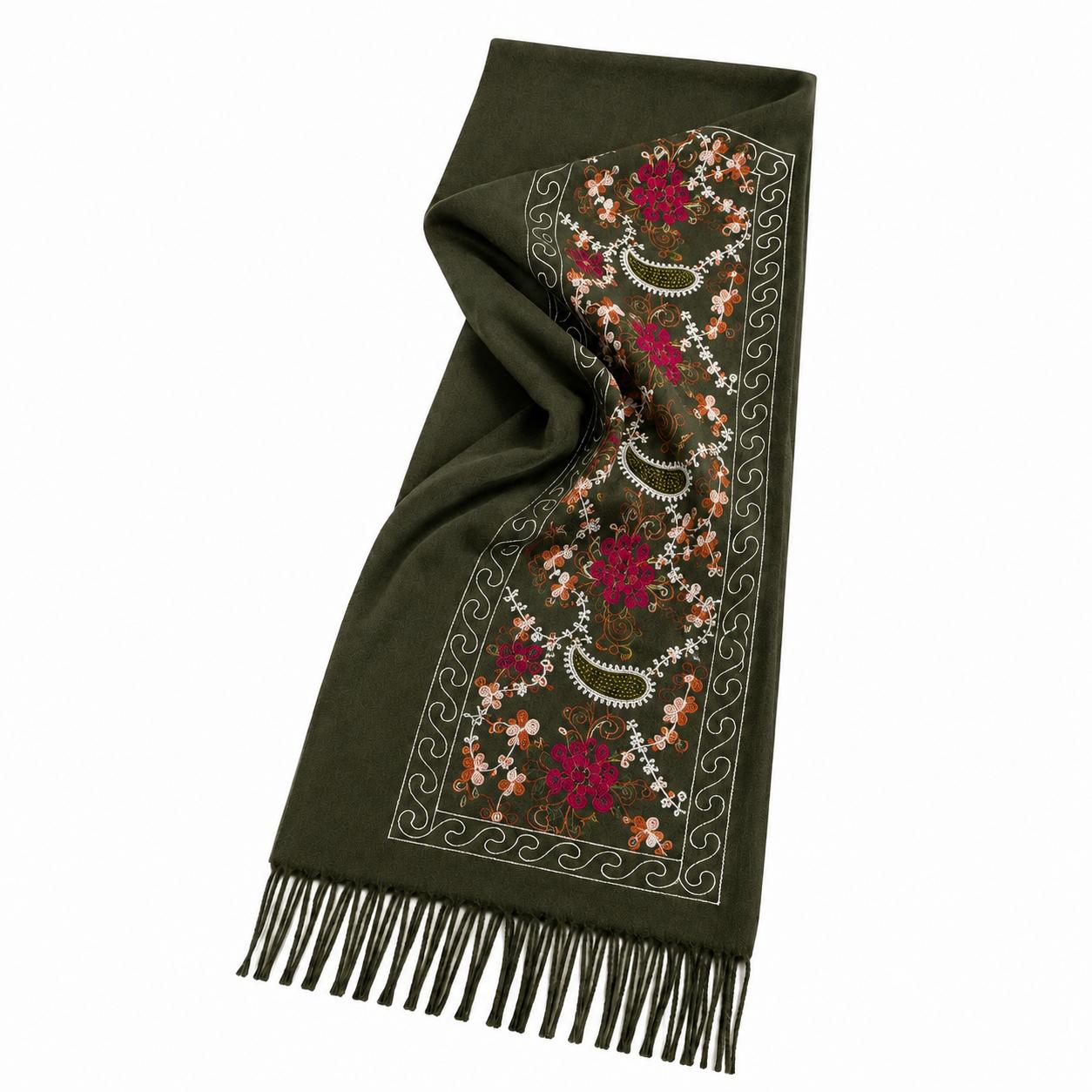 YULVET Bufanda Bordada de Mujer con Flecos, Estampado Floral y Detalles Ornamentales, Tejido Suave y Elegante para Otoño e Invierno