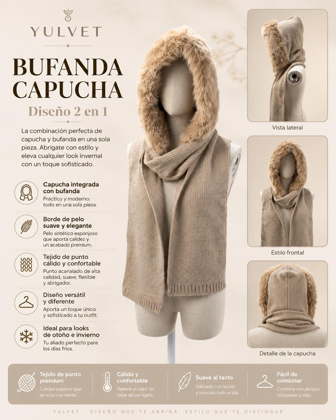 YULVET Bufanda Capucha 2 en 1 para Mujer con Borde de Pelo Suave, Tejido de Punto Cálido y Diseño Versátil para Otoño e Invierno