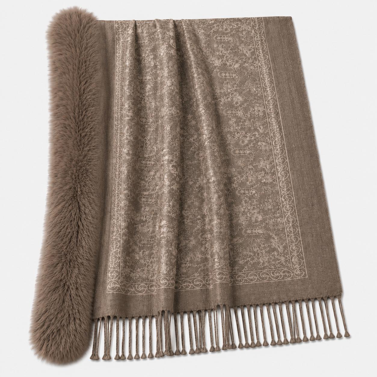 YULVET Chal con cuello de pelo sintético de gran volumen, tejido jacquard con acabado elegante, flecos decorativos y diseño envolvente para otoño e invierno