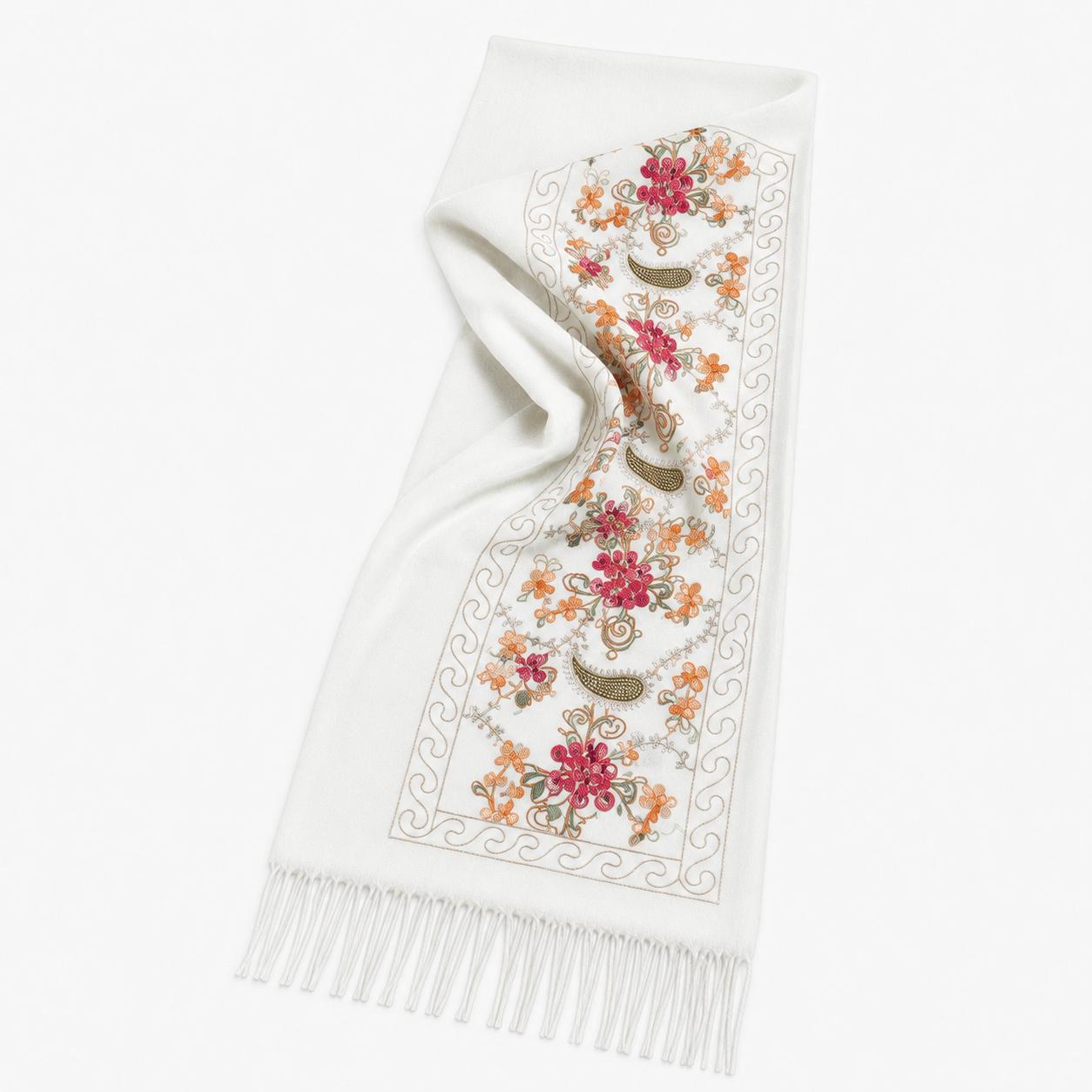 YULVET Bufanda Bordada de Mujer con Flecos, Estampado Floral y Detalles Ornamentales, Tejido Suave y Elegante para Otoño e Invierno