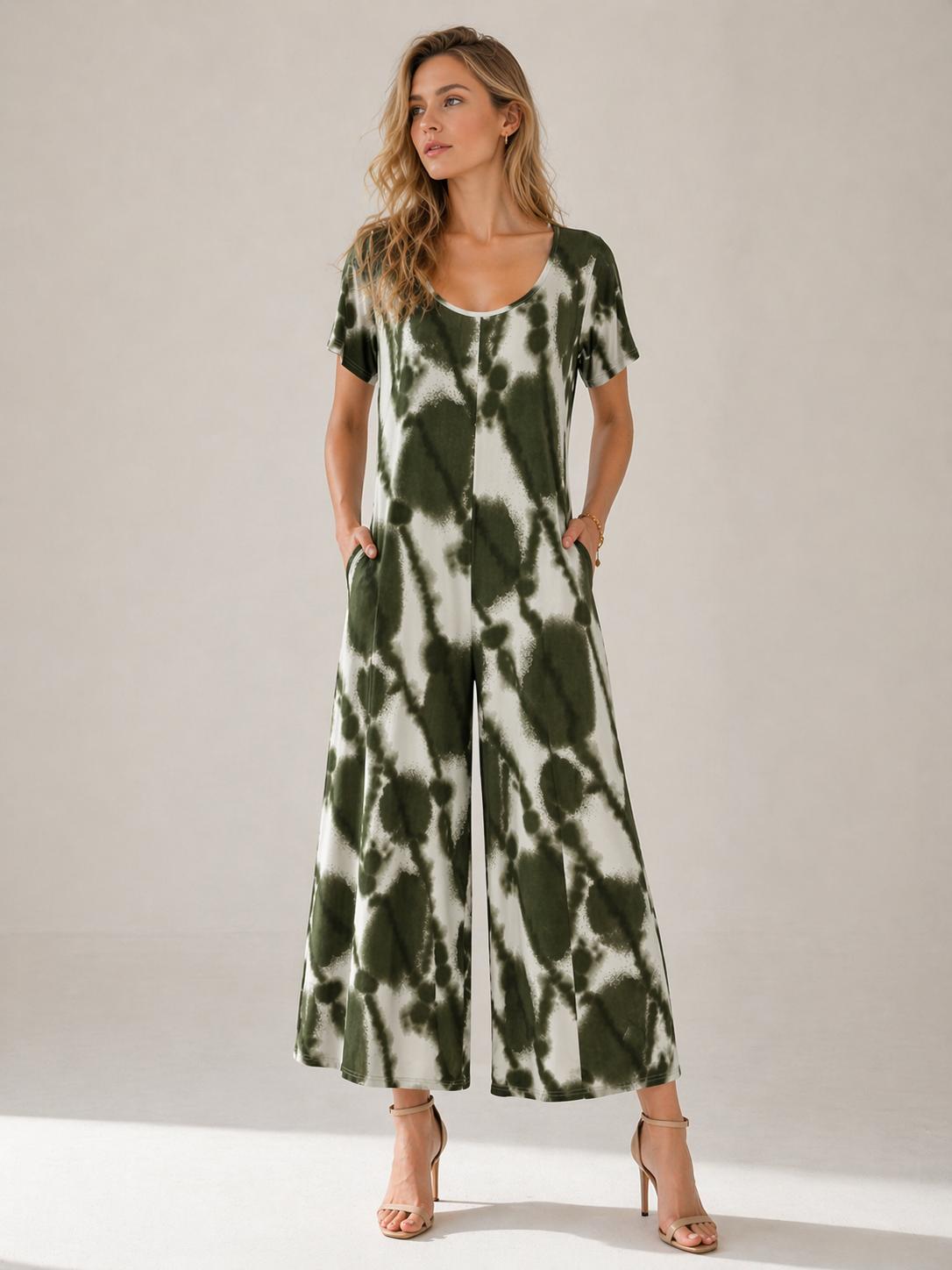YULVET Mono largo fluido estampado estilo tie-dye con manga corta, escote redondo y pernera amplia con bolsillos laterales