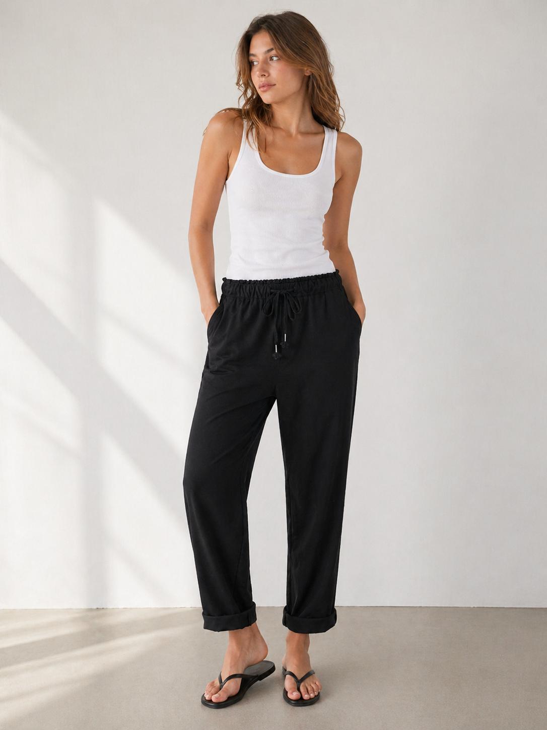 YULVET Pantalón de Algodón Corte Relajado con Cintura Elástica y Cordón Ajustable para Uso Diario con Bolsillos Laterales