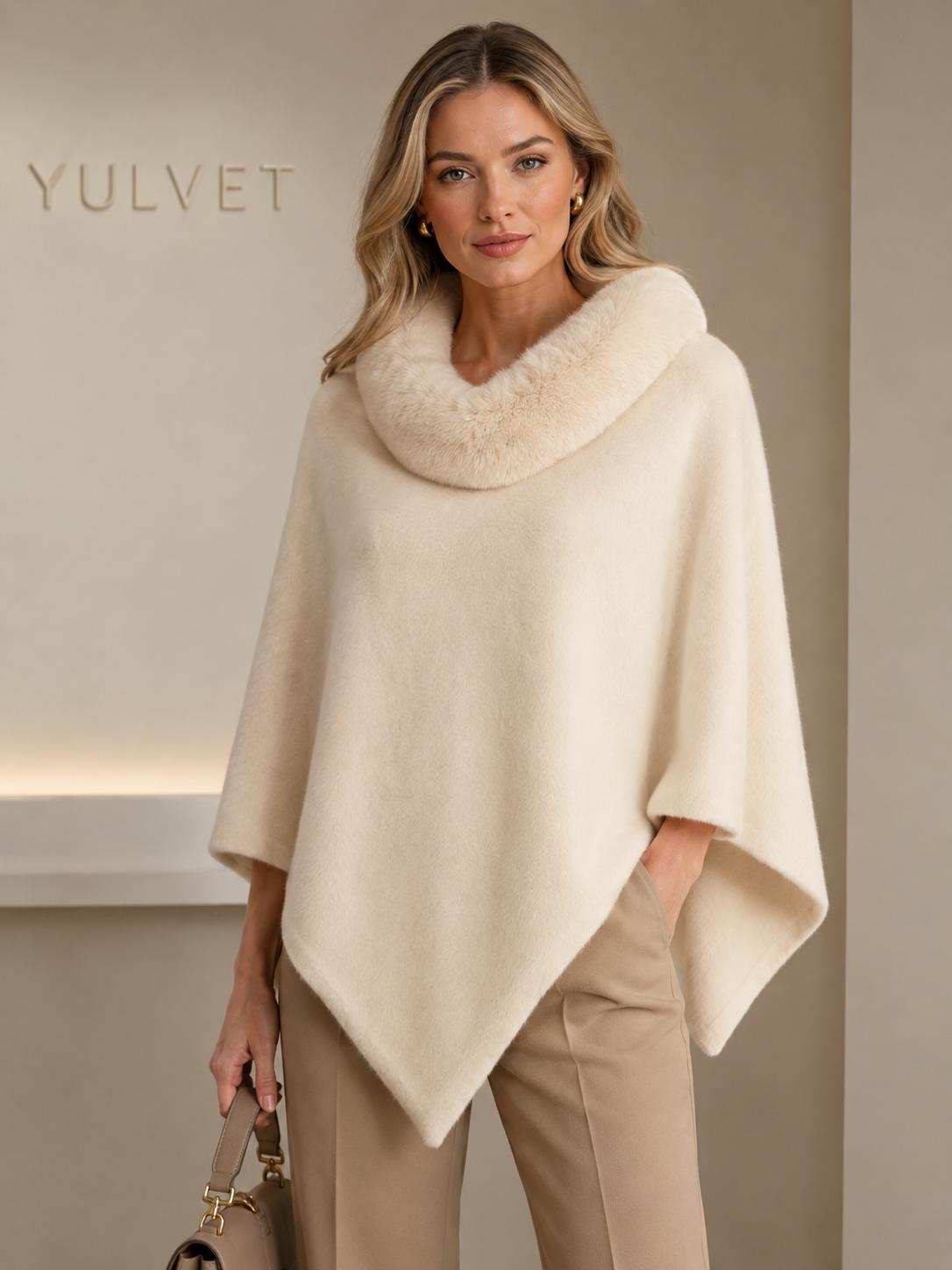 YULVET Poncho de Mujer con Cuello de Pelo Suave, Capa Elegante de Viscosa con Caída Fluida, Tacto Agradable y Diseño Versátil para Otoño e Invierno
