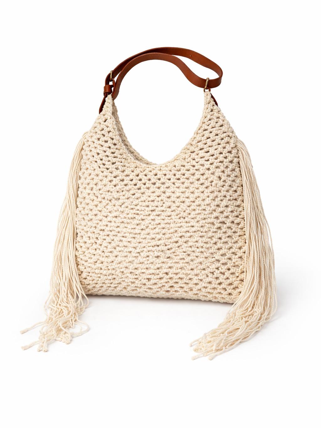 YULVET Bolso de Crochet con Flecos Estilo Natural de Verano con Detalles en Cuero Elegante