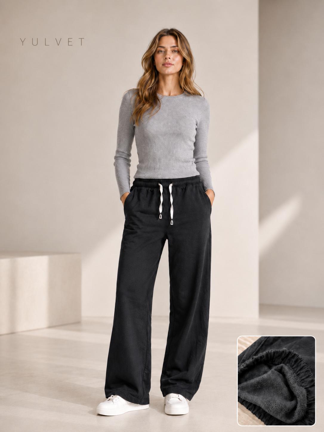 YULVET Pantalón de Mujer con Interior Afelpado, Corte Recto Holgado, Cintura Elástica con Cordón Ajustable y Bolsillos Laterales, Tejido Suave y Flexible