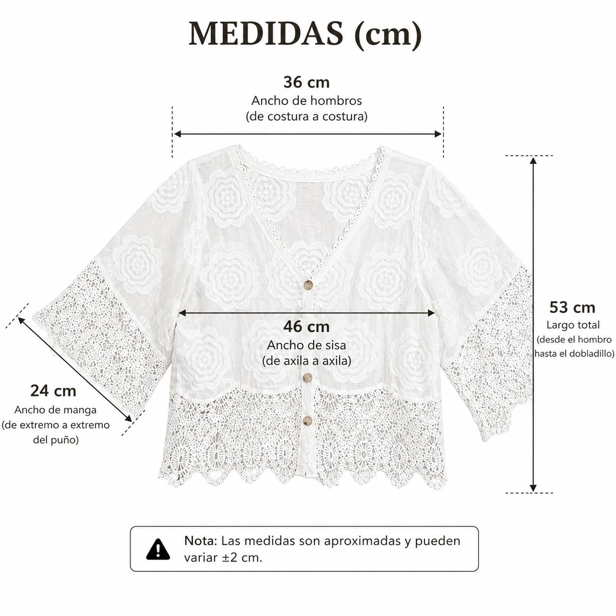 YULVET Blusa corta de encaje bordado con manga amplia y acabado artesanal