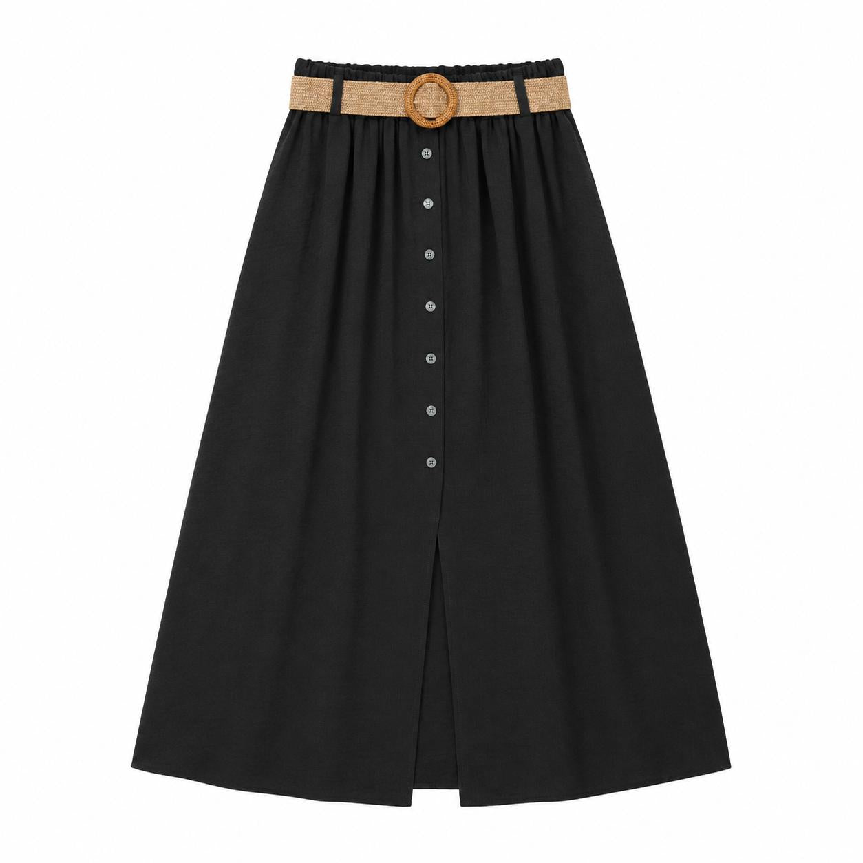 YULVET Falda midi fluida con cinturón trenzado, cintura elástica y detalle de botones delanteros