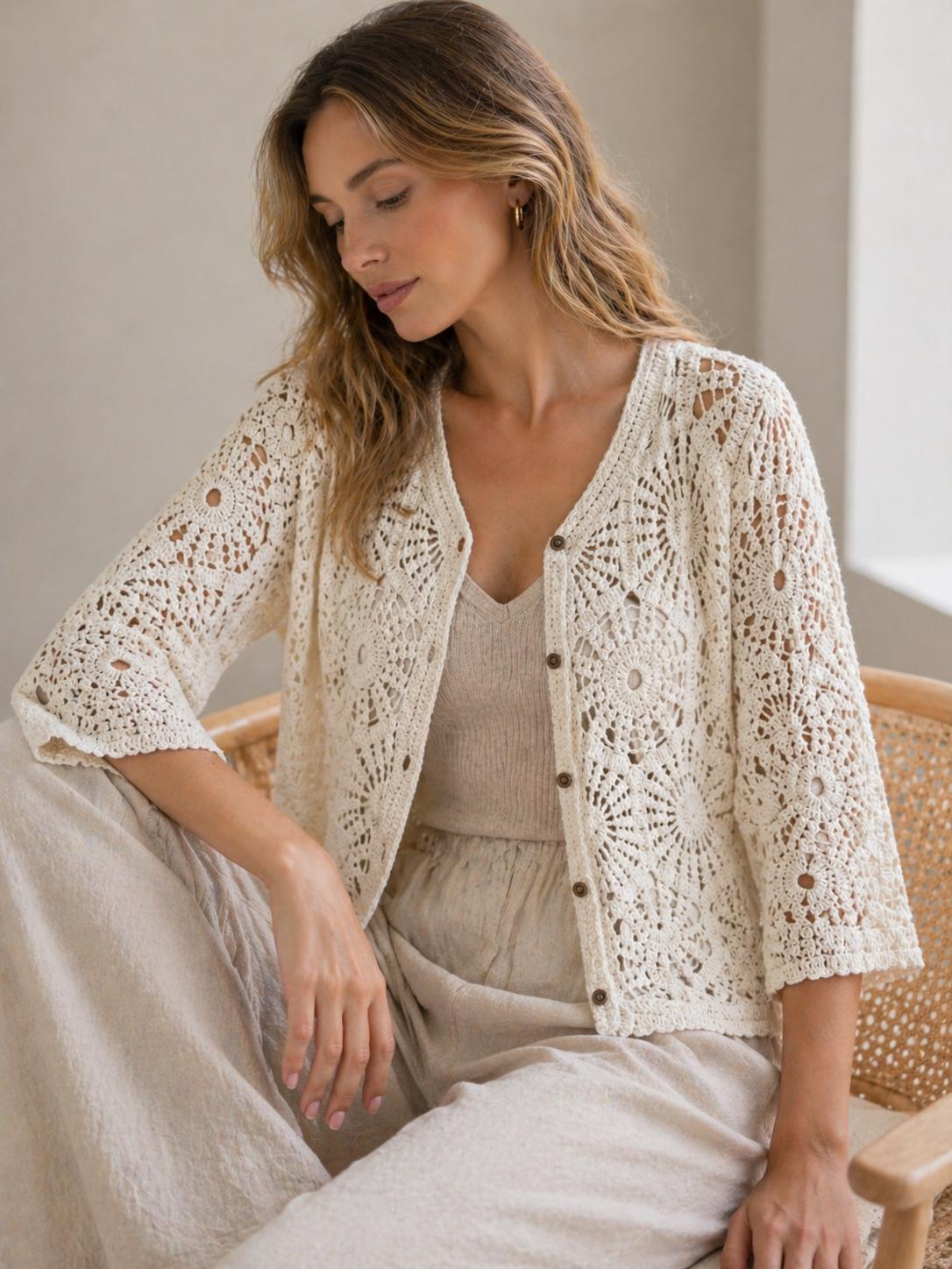 YULVET Chaqueta Crochet Calado Estilo Boho Chic