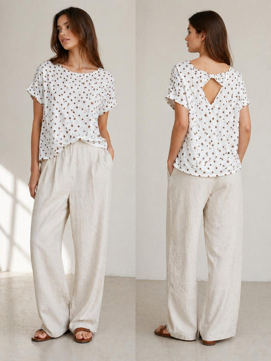 YULVET Blusa fluida de lunares con caída ligera y escote redondo, diseño oversize con manga corta y detalle trasero abierto con lazada elegante
