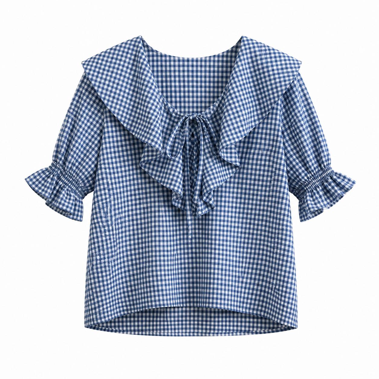 YULVET Blusa de cuadros vichy con volantes románticos y escote ajustable estilo boho veraniego