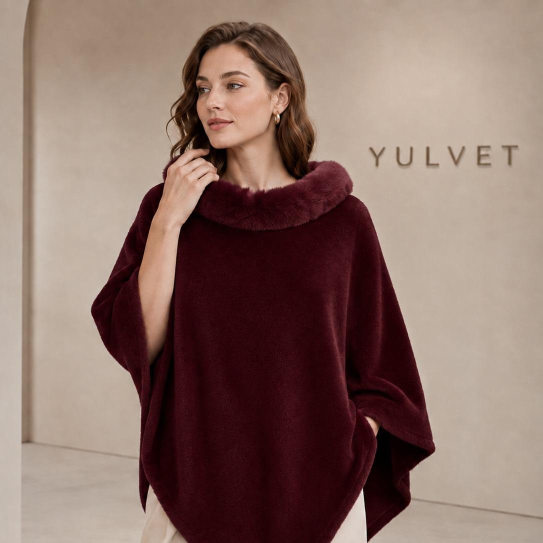 YULVET Poncho de Mujer con Cuello de Pelo Suave, Capa Elegante de Viscosa con Caída Fluida, Tacto Agradable y Diseño Versátil para Otoño e Invierno