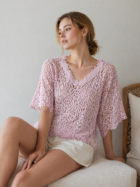 YULVET Blusa 2P de encaje calado con diseño artesanal y manga amplia fluida