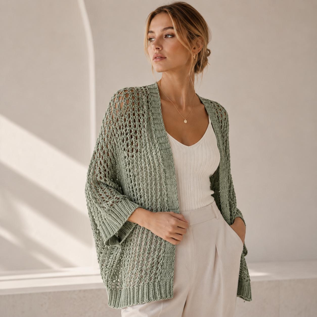 YULVET-Chaqueta Rose de Punto Ligero con Manga Amplia y Corte Fluido Estilo Relajado y Elegante para Looks Versátiles de Diario Talla Única