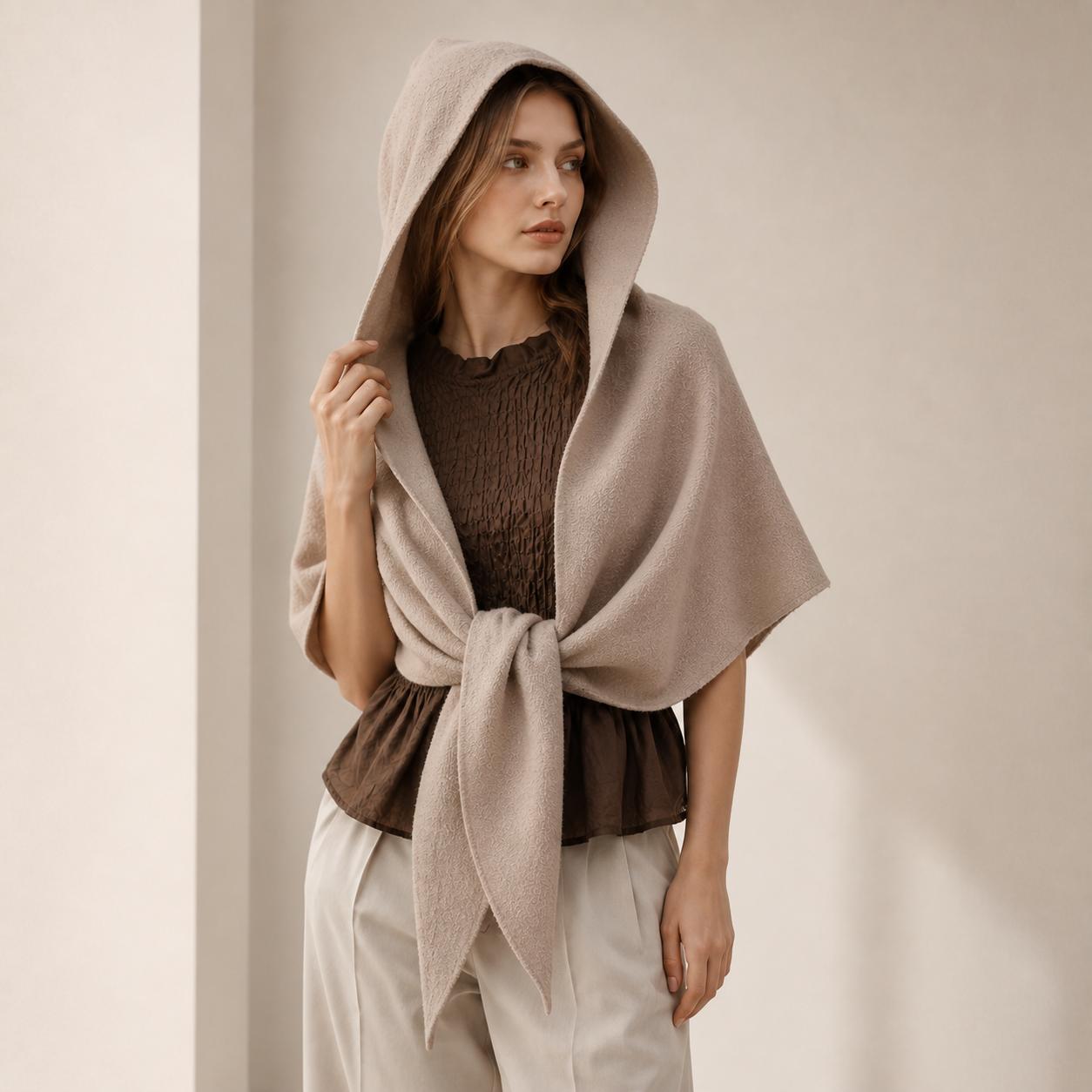 YULVET Capa Poncho con Capucha para Mujer | Chal Triangular de Tejido Suave con Caída Envolvente y Cierre Anudado | Capa Ligera Elegante para Otoño e Invierno