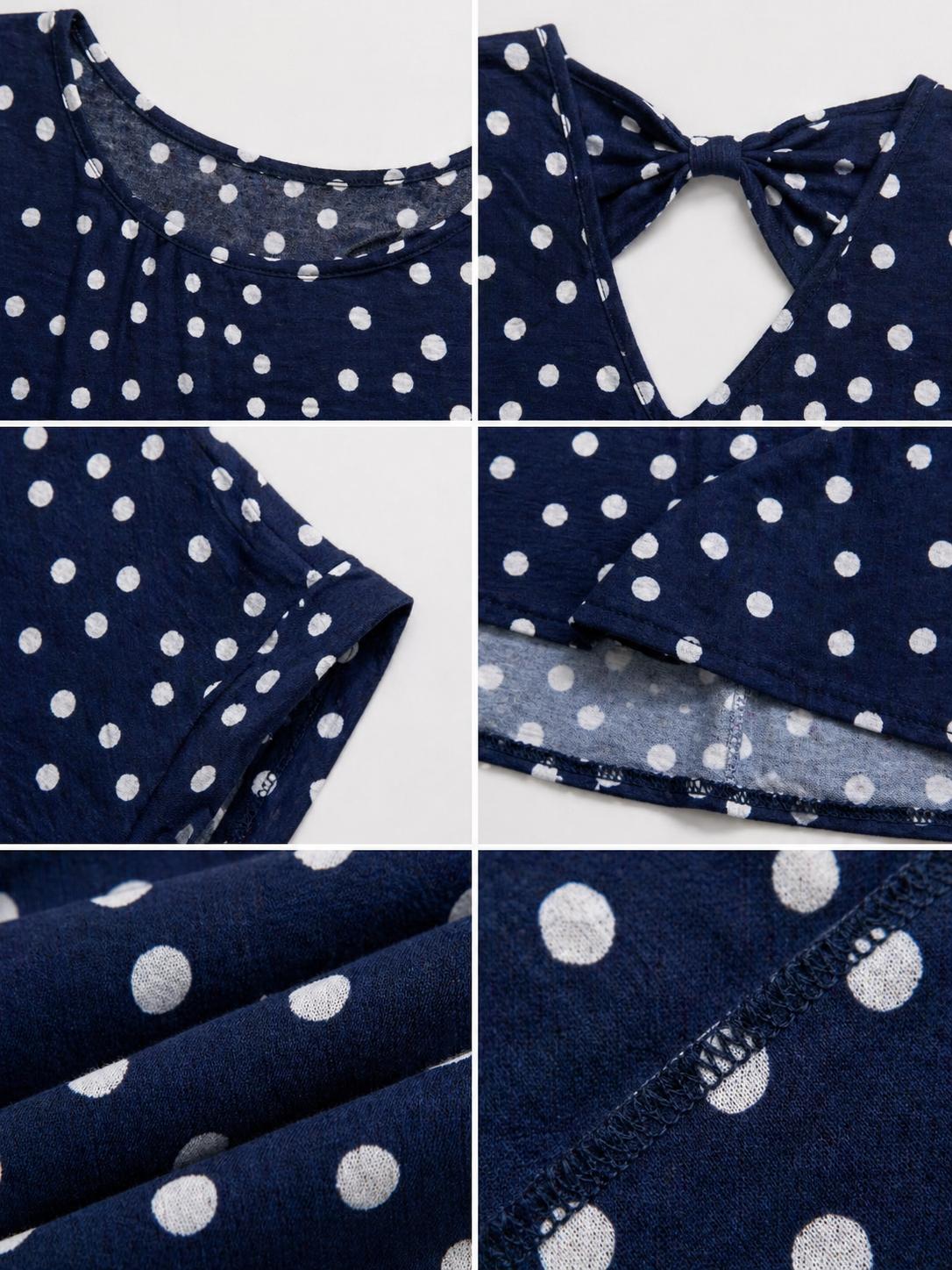 YULVET Blusa fluida de lunares con caída ligera y escote redondo, diseño oversize con manga corta y detalle trasero abierto con lazada elegante