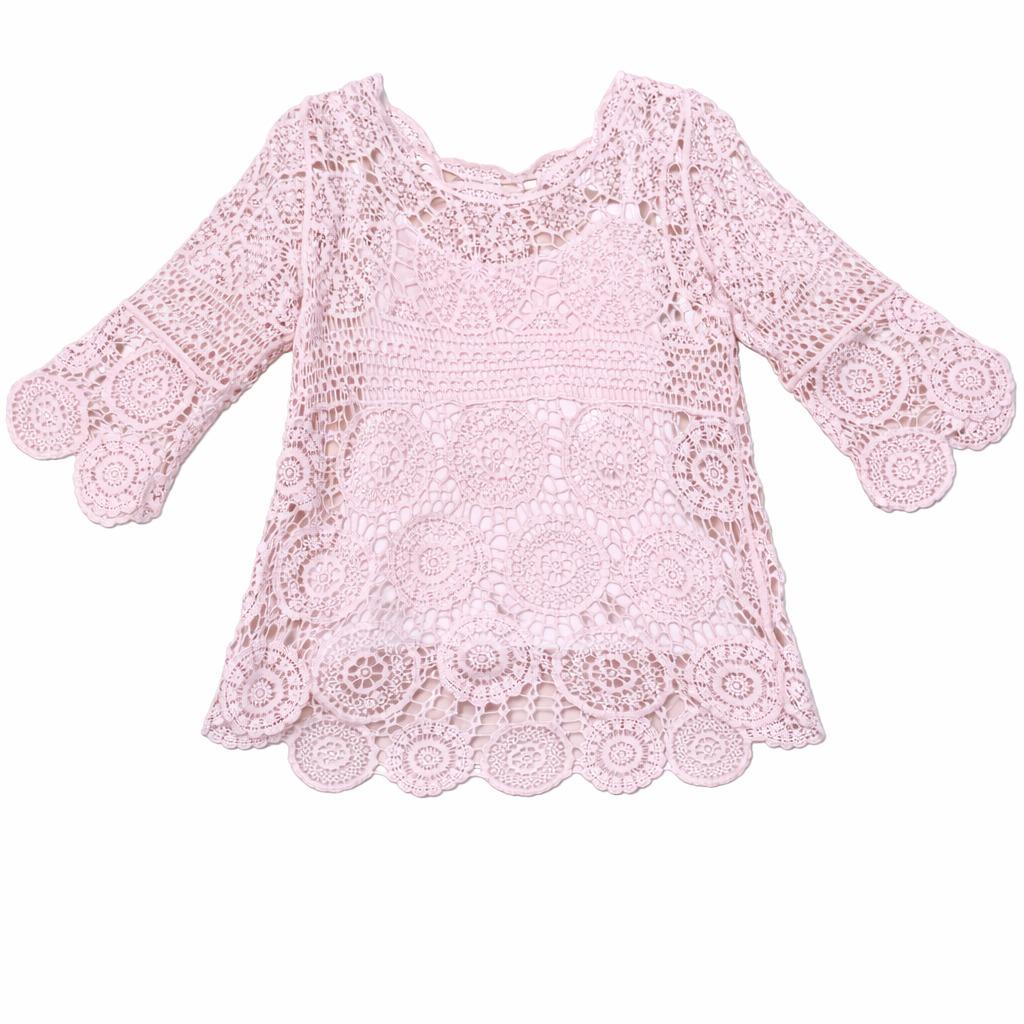 YULVET Blusa de encaje crochet floral con manga francesa acampanada y bajo ondulado en acabado calado elegante