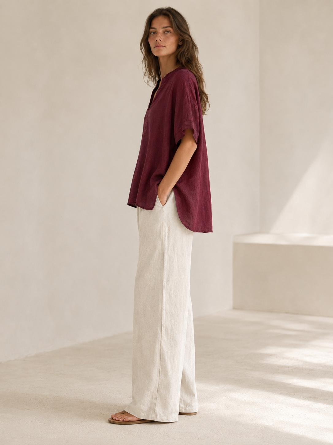 YULVET Blusa amplia de lino 100% con cuello mao, escote en pico y manga corta estilo oversize