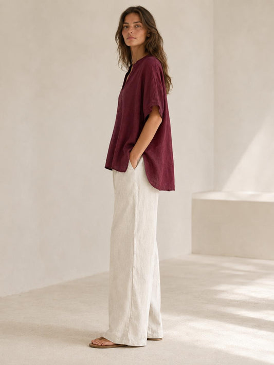 YULVET Blusa amplia de lino 100% con cuello mao, escote en pico y manga corta estilo oversize