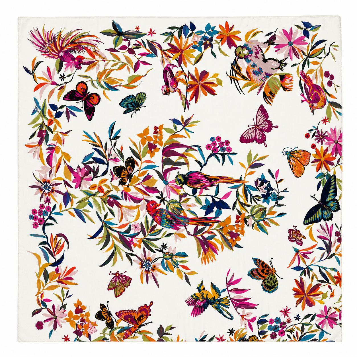 YULVET Pañuelo cuadrado satinado con estampado floral multicolor y mariposas, estilo elegante y versátil para looks sofisticados