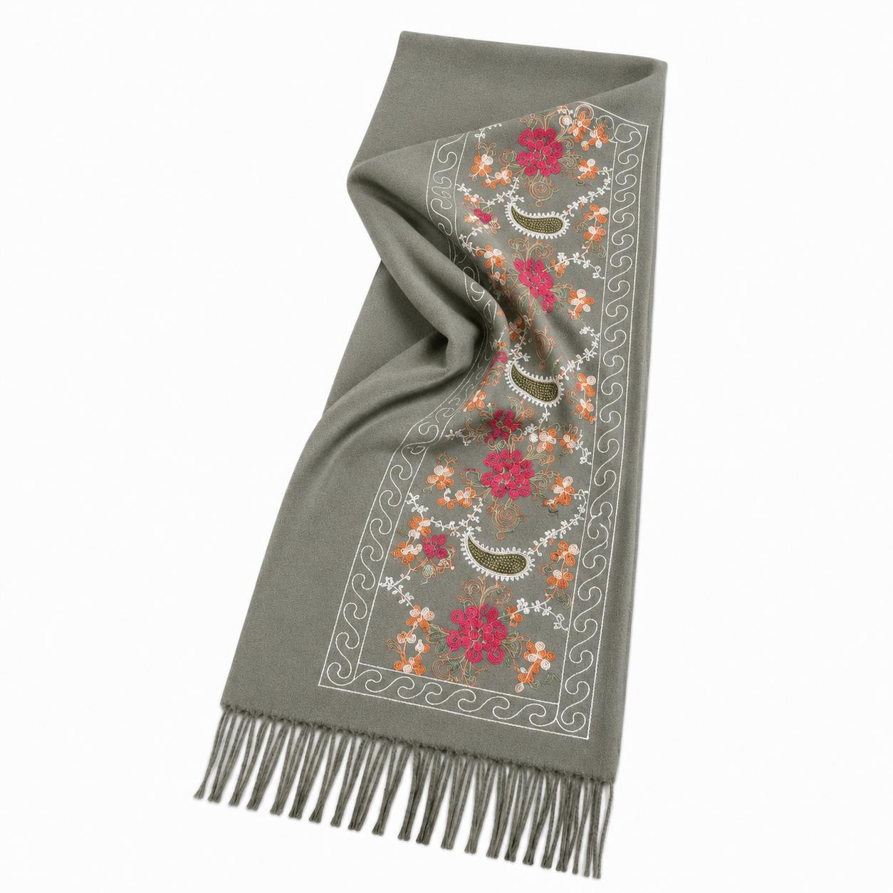 YULVET Bufanda Bordada de Mujer con Flecos, Estampado Floral y Detalles Ornamentales, Tejido Suave y Elegante para Otoño e Invierno