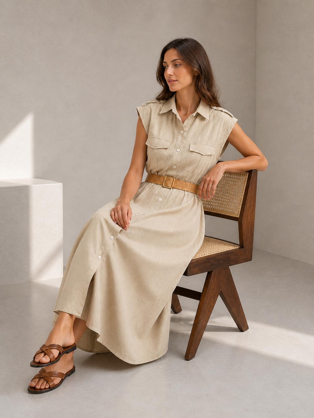 YULVET vestido camisero largo sin mangas con cinturón incluido, botones delanteros y bolsillos en el pecho, diseño fluido y elegante para looks cómodos de temporada