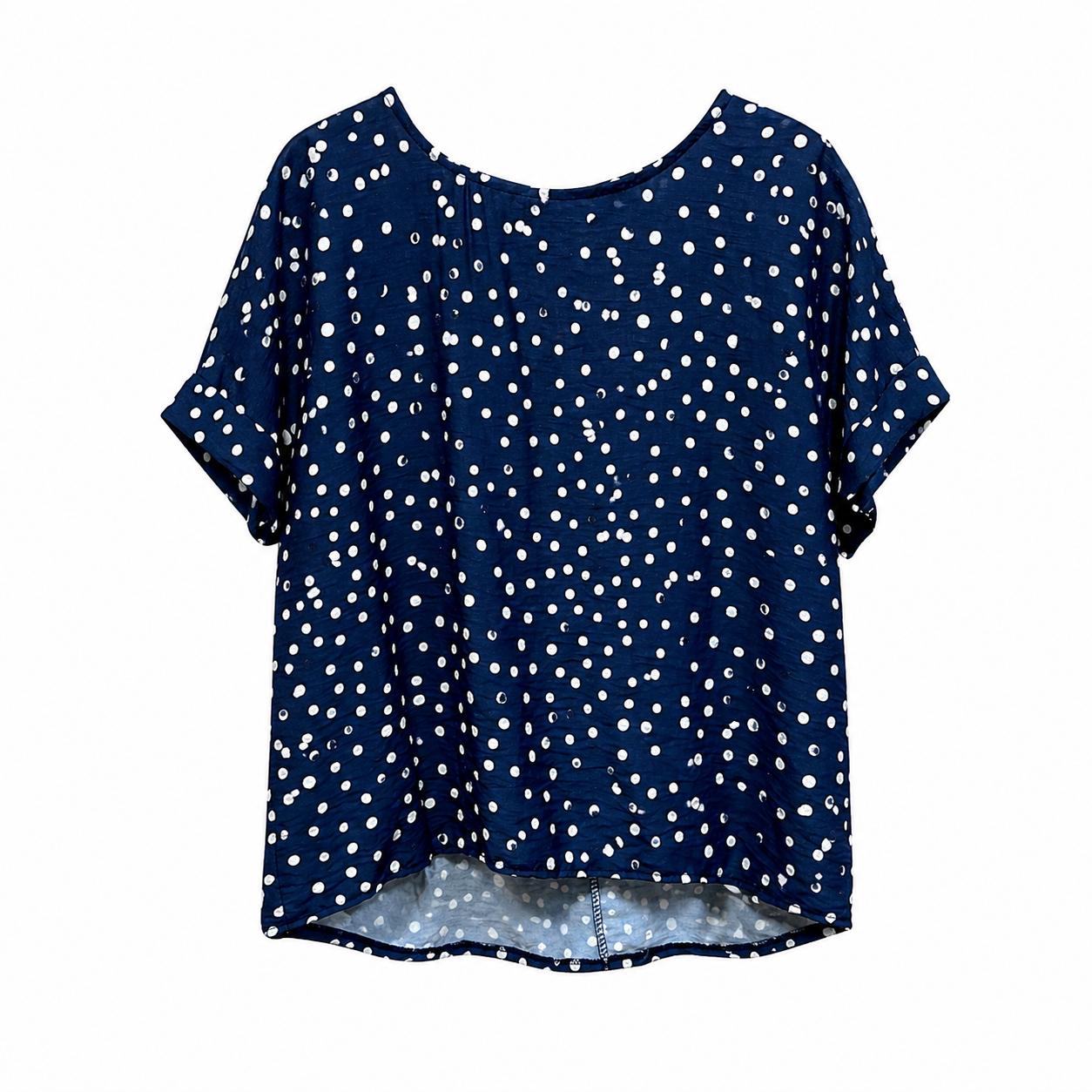 YULVET Blusa fluida de lunares con caída ligera y escote redondo, diseño oversize con manga corta y detalle trasero abierto con lazada elegante