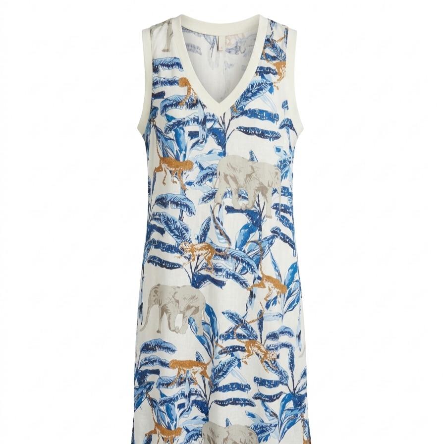 Vestido estampado tropical con animales en tonos azules y beige, escote en V sin mangas, corte fluido elegante con abertura lateral y tejido ligero ideal para verano