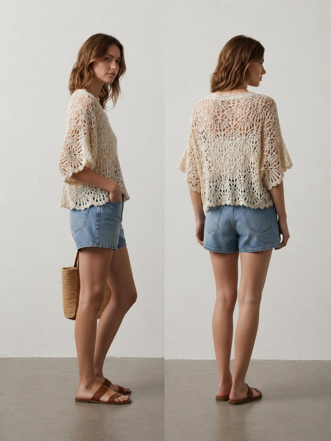 YULVET Blusa 2P de encaje calado con diseño artesanal y manga amplia fluida