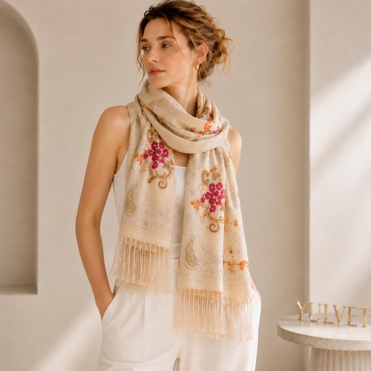 YULVET Bufanda Bordada de Mujer con Flecos, Estampado Floral y Detalles Ornamentales, Tejido Suave y Elegante para Otoño e Invierno