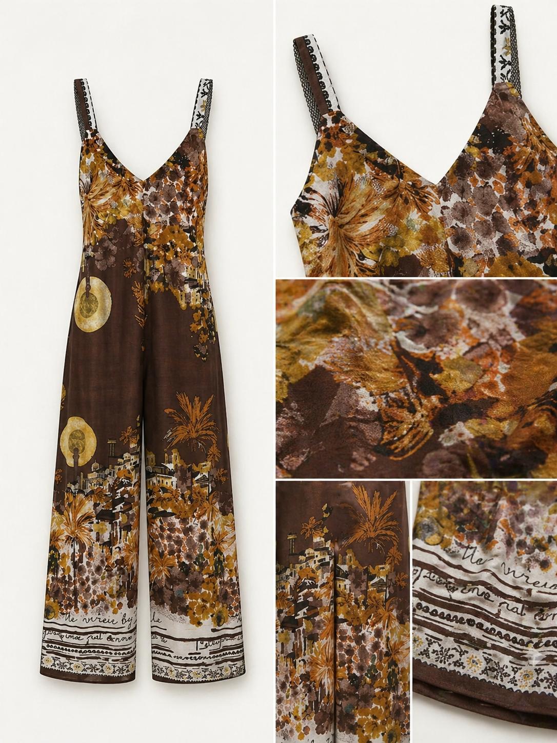 Mono largo fluido estampado estilo artístico con tirantes anchos, escote en pico y pernera amplia con bolsillos laterales