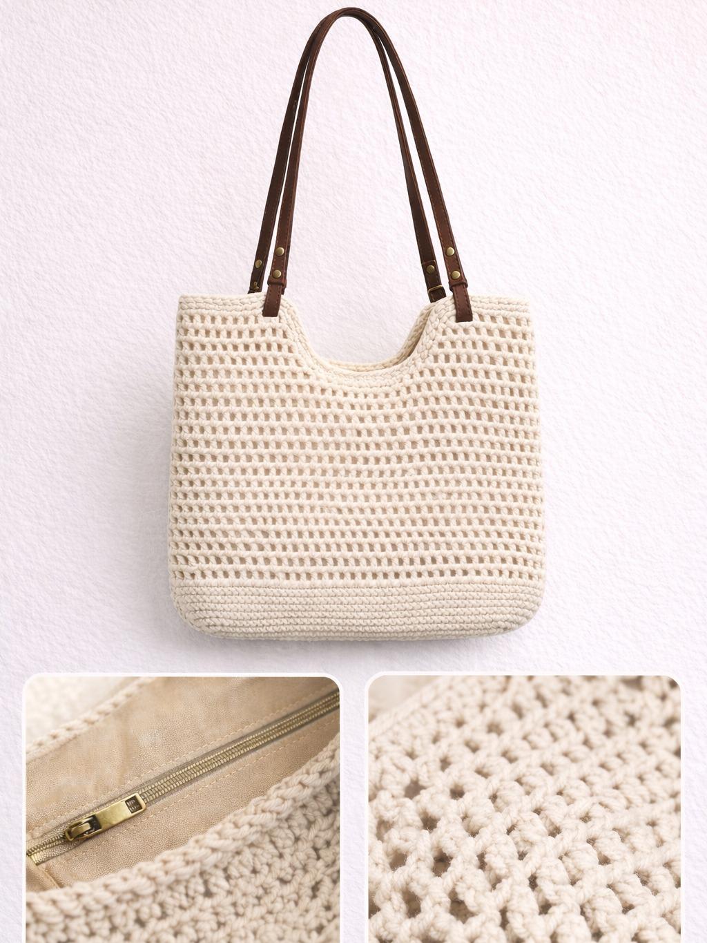 YULVET Bolso de Crochet de Algodón Elegante con Correa de Cuero Estilo Natural