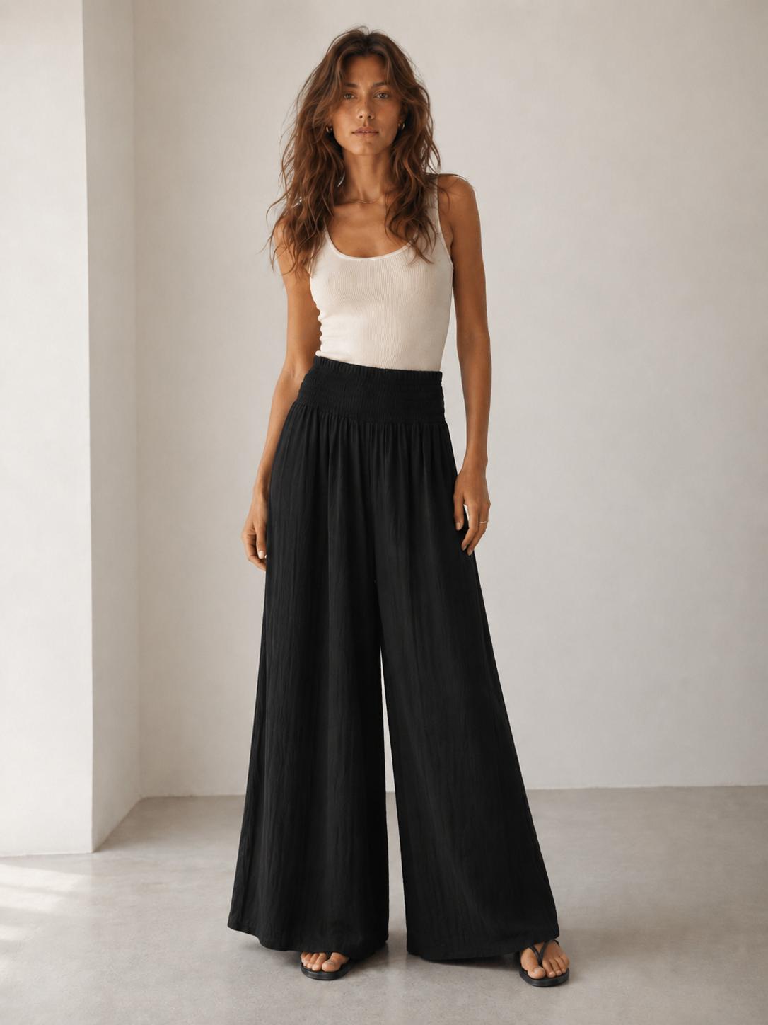 YULVET Pantalón palazzo fluido de tiro alto con cintura elástica fruncida y pernera ancha con caída ligera
