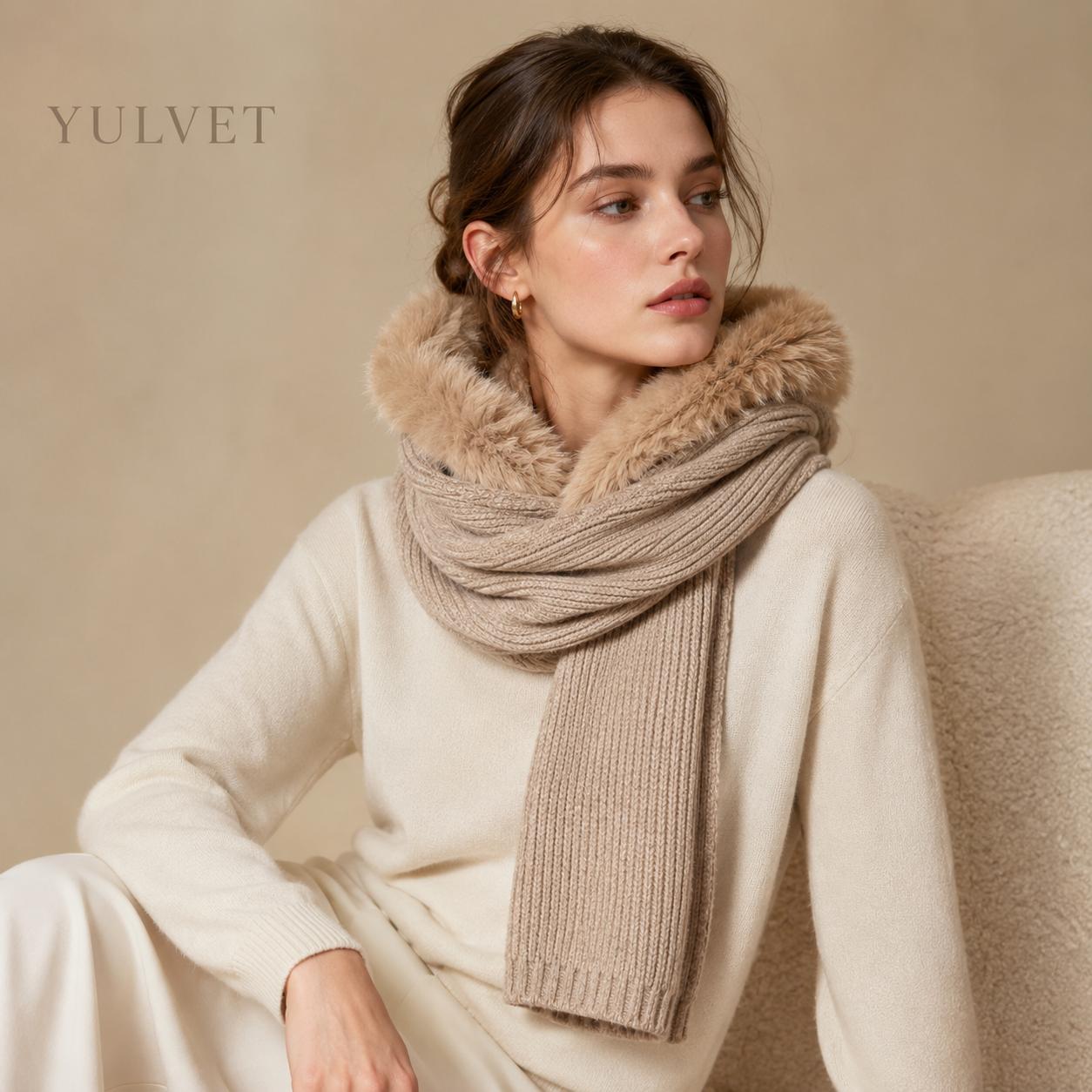 YULVET Bufanda Capucha 2 en 1 para Mujer con Borde de Pelo Suave, Tejido de Punto Cálido y Diseño Versátil para Otoño e Invierno
