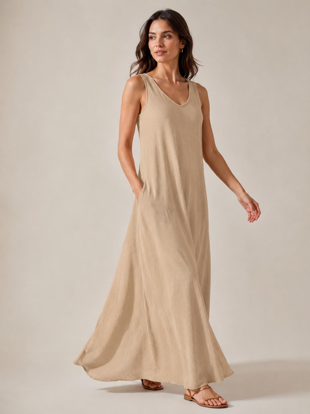 YULVET vestido largo fluido sin mangas con escote en pico y bolsillos laterales de estilo cómodo y elegante