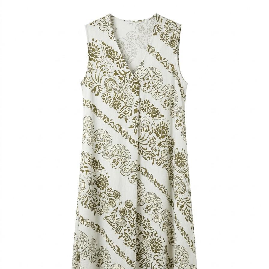 Vestido  estampado  estilo boho con escote en V, corte fluido y tejido ligero ideal para verano, diseño cómodo y elegante perfecto para looks casuales o vacaciones
