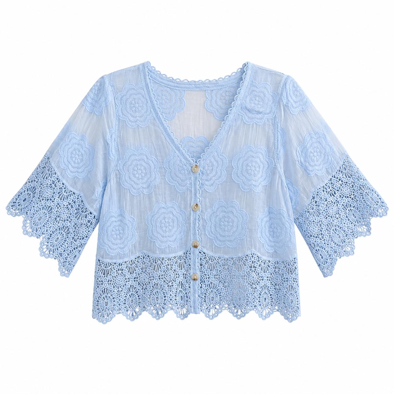 YULVET Blusa corta de encaje bordado con manga amplia y acabado artesanal