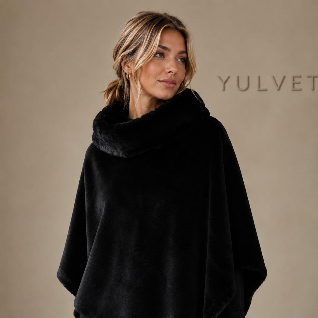 YULVET Poncho de Mujer con Cuello de Pelo Suave, Capa Elegante de Viscosa con Caída Fluida, Tacto Agradable y Diseño Versátil para Otoño e Invierno