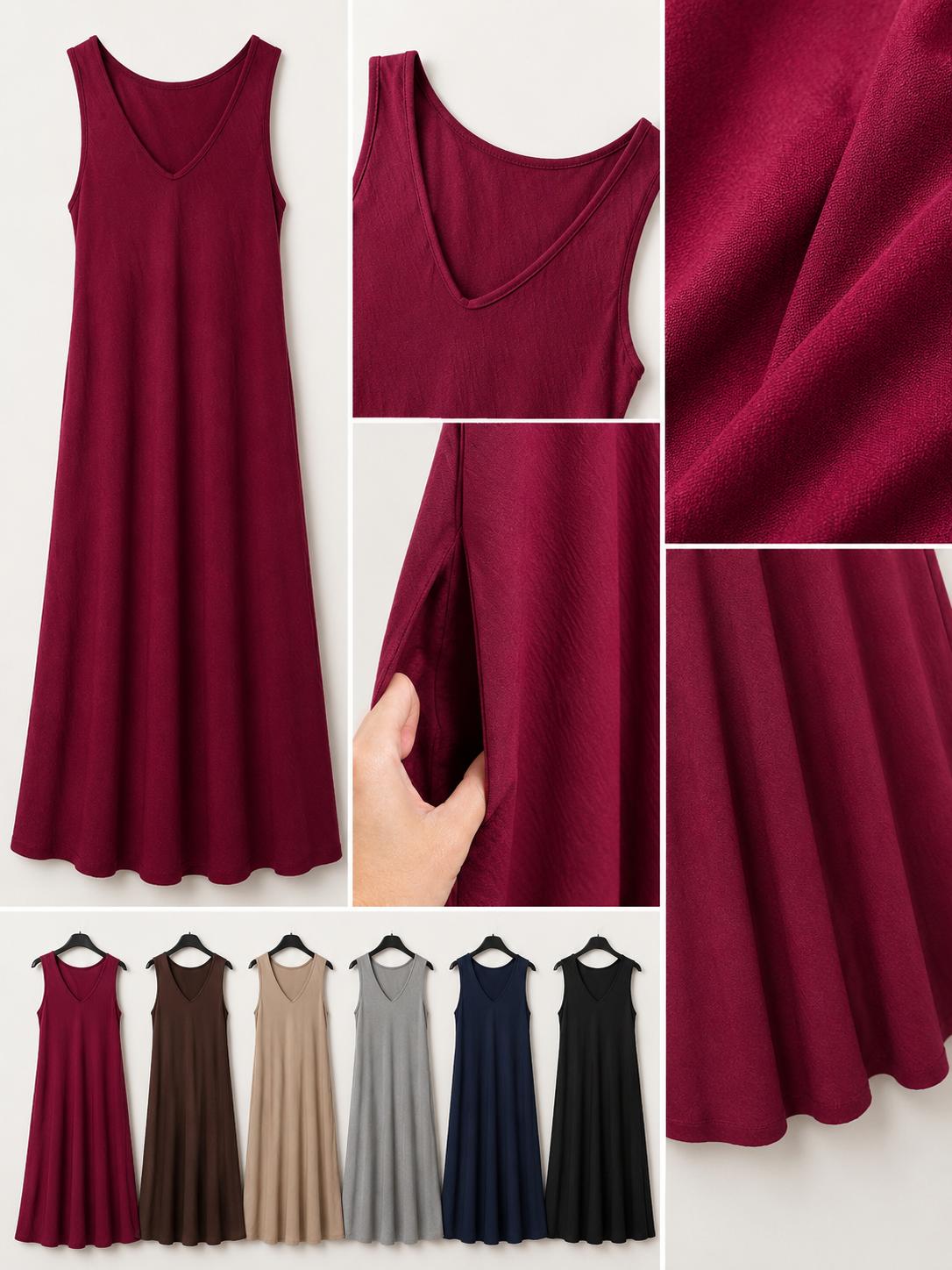 YULVET vestido largo fluido sin mangas con escote en pico y bolsillos laterales de estilo cómodo y elegante