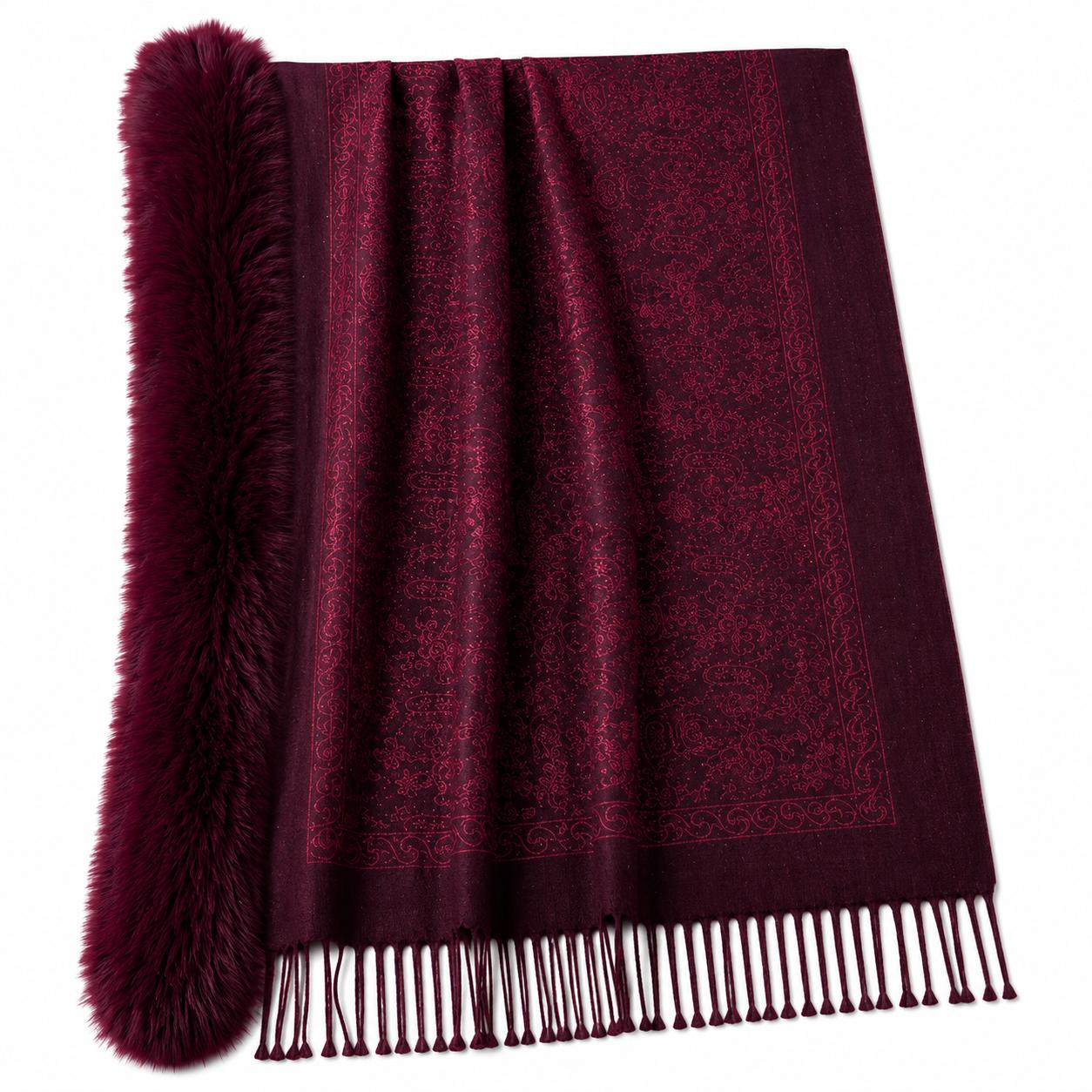 YULVET Chal con cuello de pelo sintético de gran volumen, tejido jacquard con acabado elegante, flecos decorativos y diseño envolvente para otoño e invierno