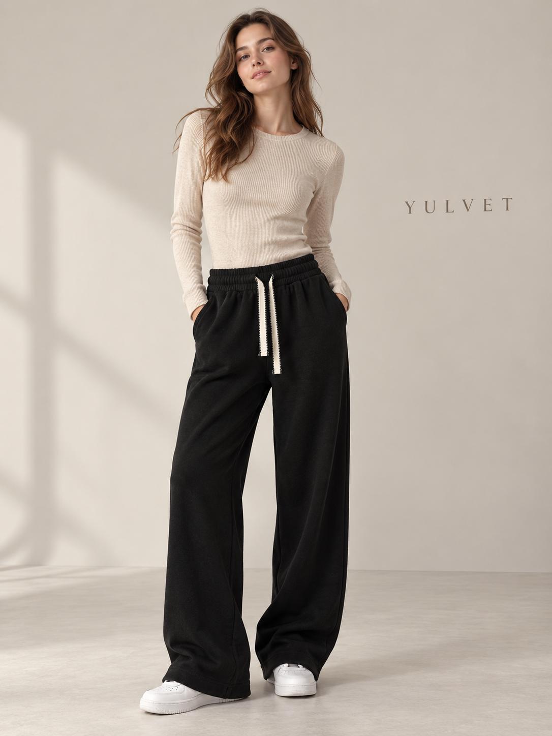 YULVET Pantalón de Mujer con Interior Afelpado, Corte Recto Holgado, Cintura Elástica con Cordón Ajustable y Bolsillos Laterales, Tejido Suave y Flexible