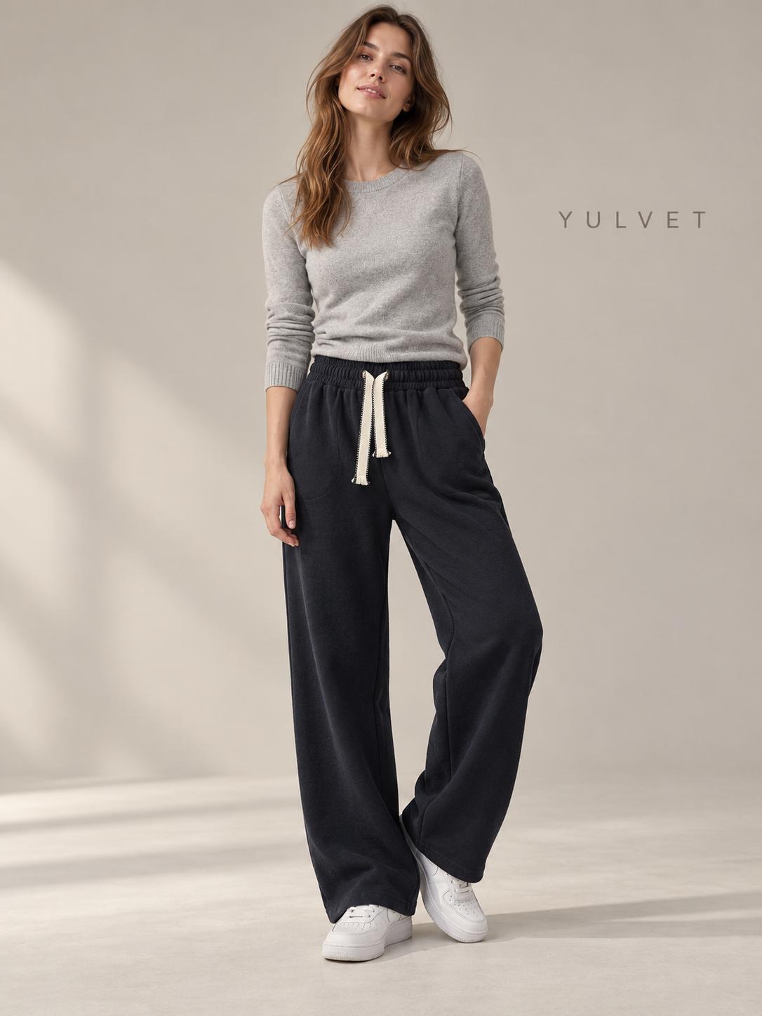YULVET Pantalón de Mujer con Interior Afelpado, Corte Recto Holgado, Cintura Elástica con Cordón Ajustable y Bolsillos Laterales, Tejido Suave y Flexible