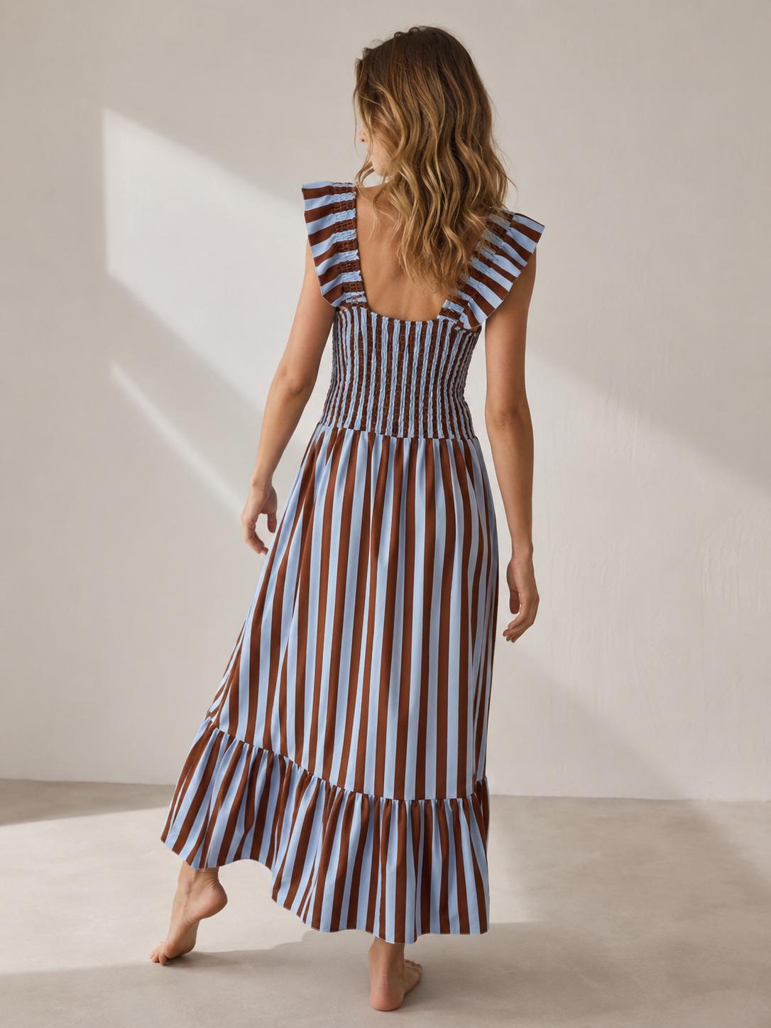 YULVET Vestido largo de tirantes con volante, cuerpo elástico fruncido y falda fluida con bajo amplio