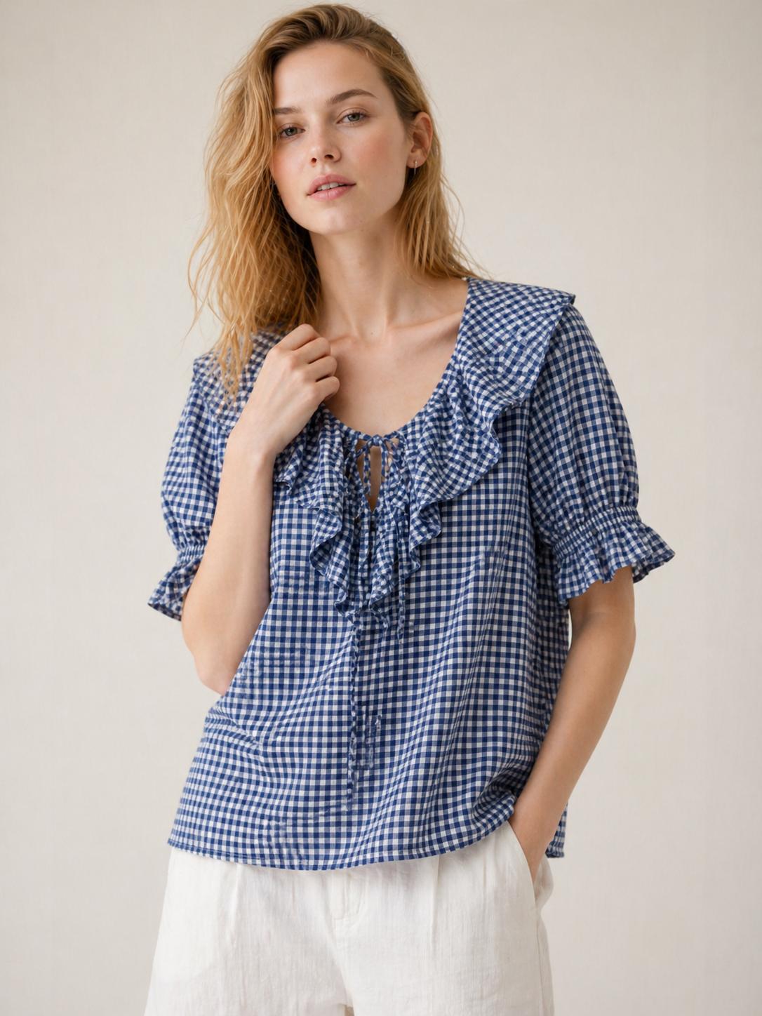 YULVET Blusa de cuadros vichy con volantes románticos y escote ajustable estilo boho veraniego