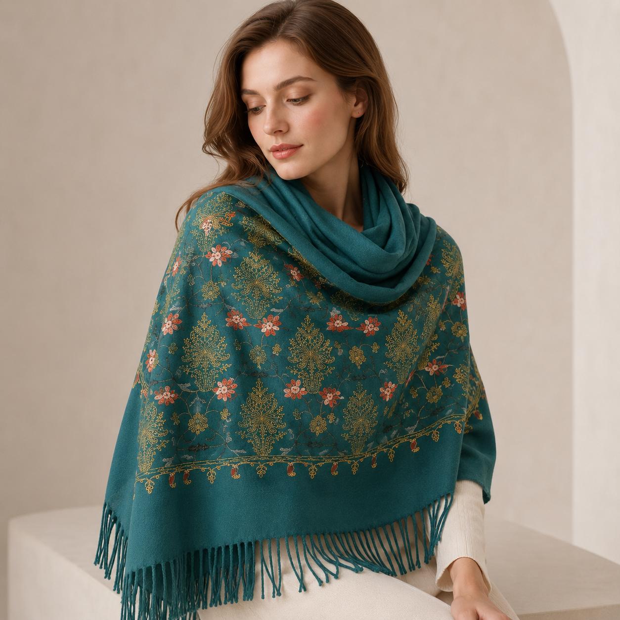 YULVET Bufanda de punto suave con estampado ornamental tipo jacquard, acabado elegante con flecos y diseño versátil para otoño e invierno
