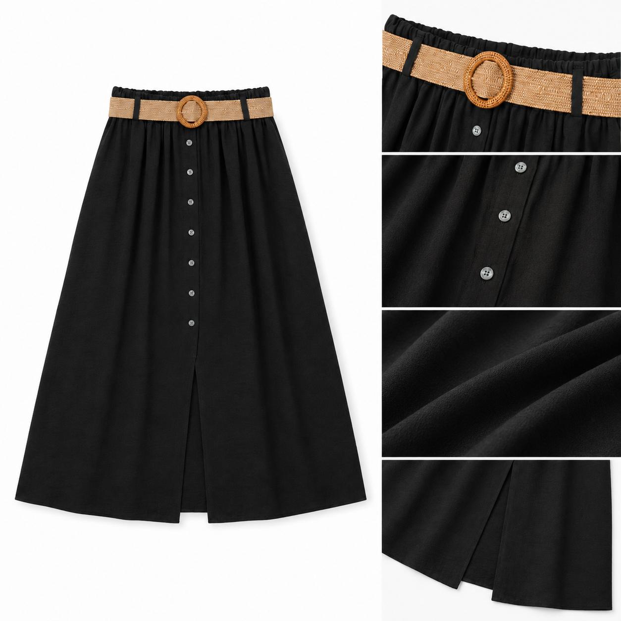YULVET Falda midi fluida con cinturón trenzado, cintura elástica y detalle de botones delanteros
