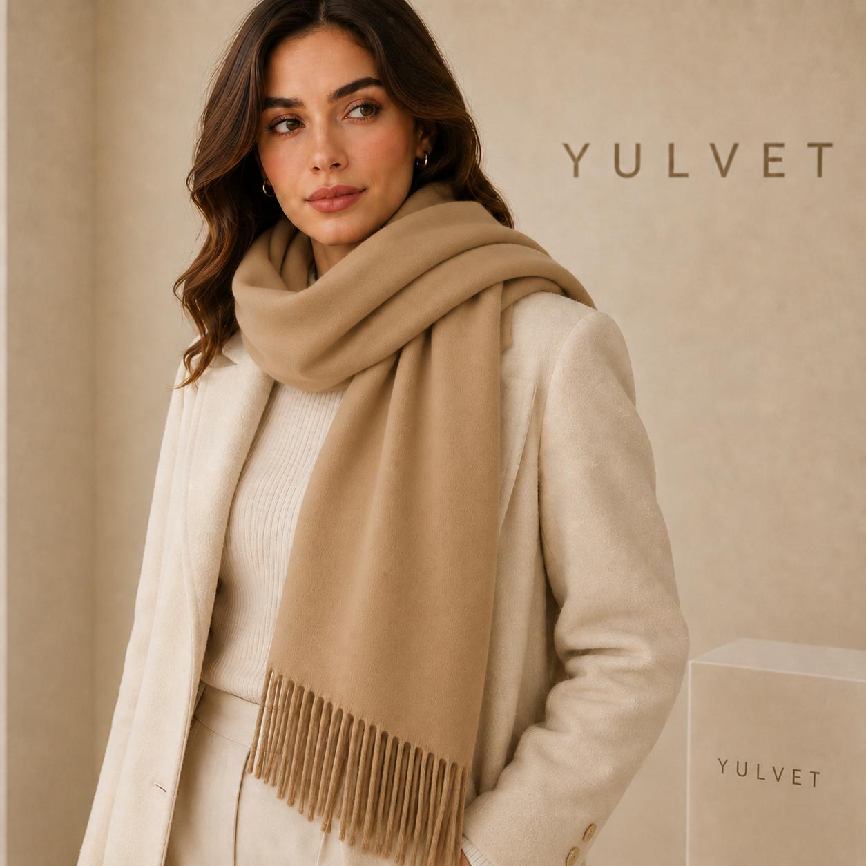 YULVET Bufanda grande para mujer de tacto suave con flecos, acabado liso y diseño elegante y versátil para uso diario, viajes y ocasiones especiales