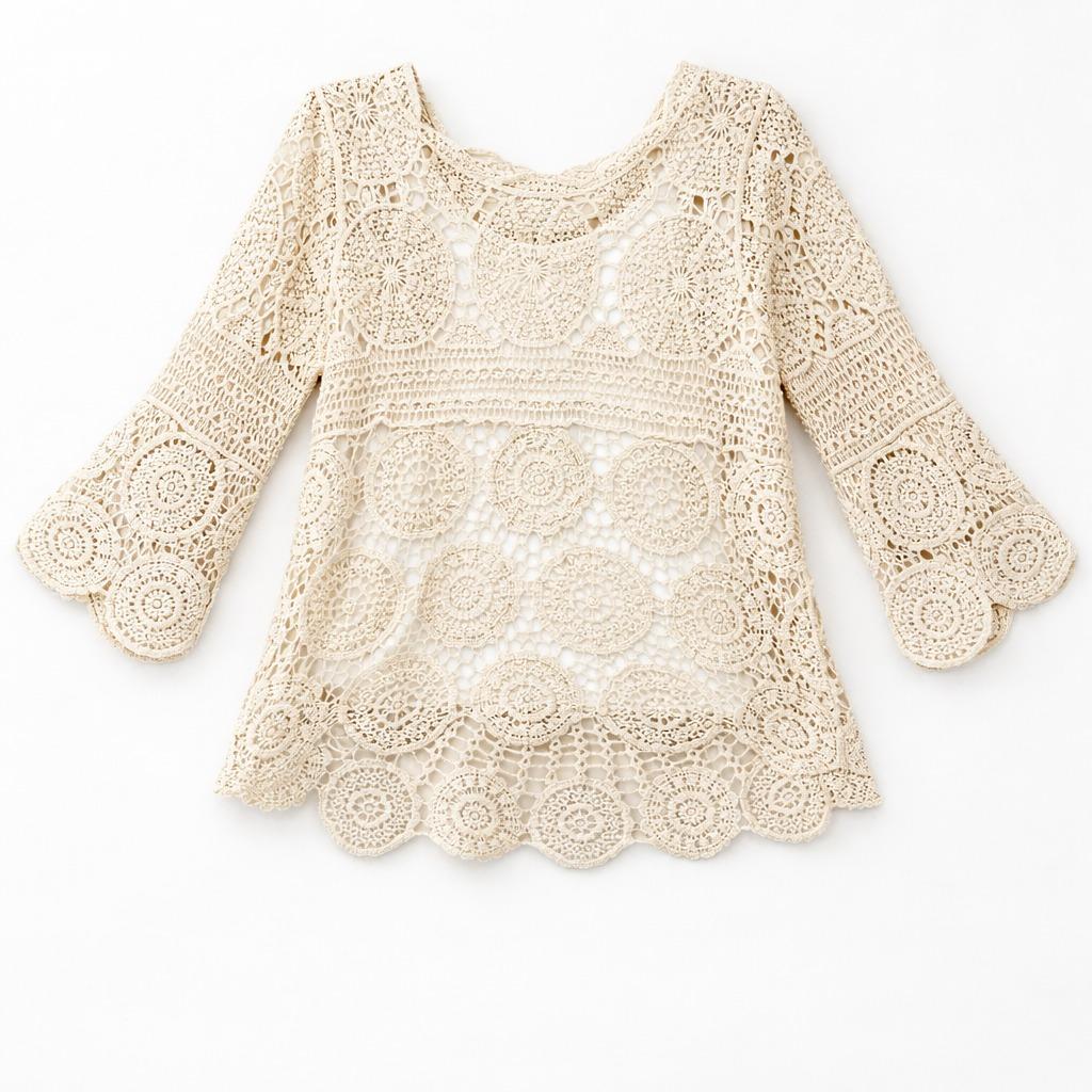 YULVET Blusa de encaje crochet floral con manga francesa acampanada y bajo ondulado en acabado calado elegante