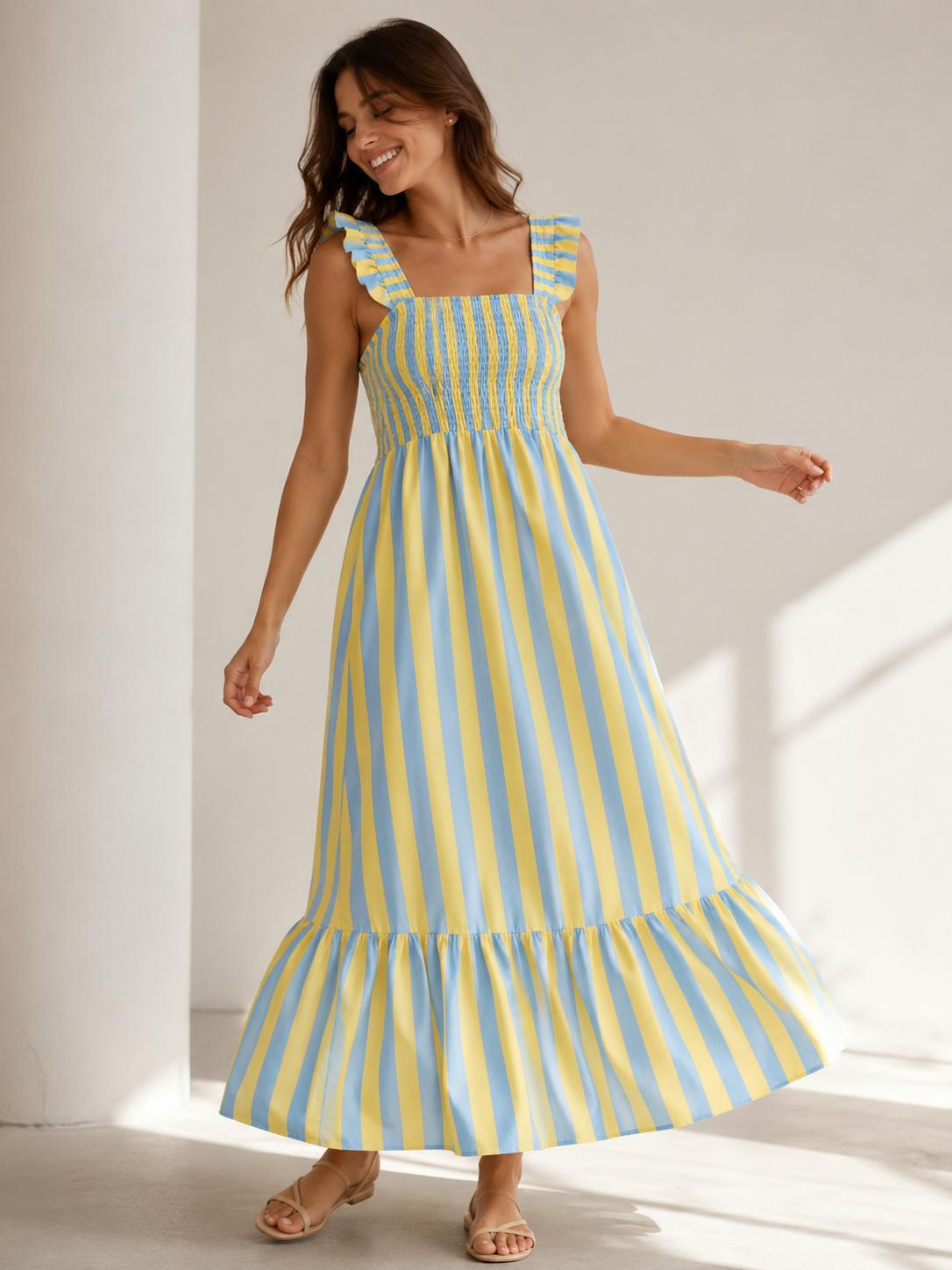 YULVET Vestido largo de tirantes con volante, cuerpo elástico fruncido y falda fluida con bajo amplio