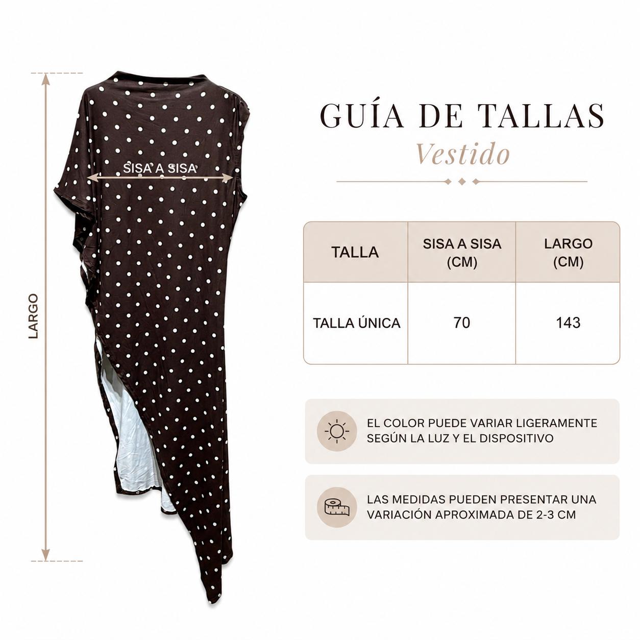 YULVET Vestido asimétrico con lunares marrones, cuello drapeado, manga desigual y abertura lateral