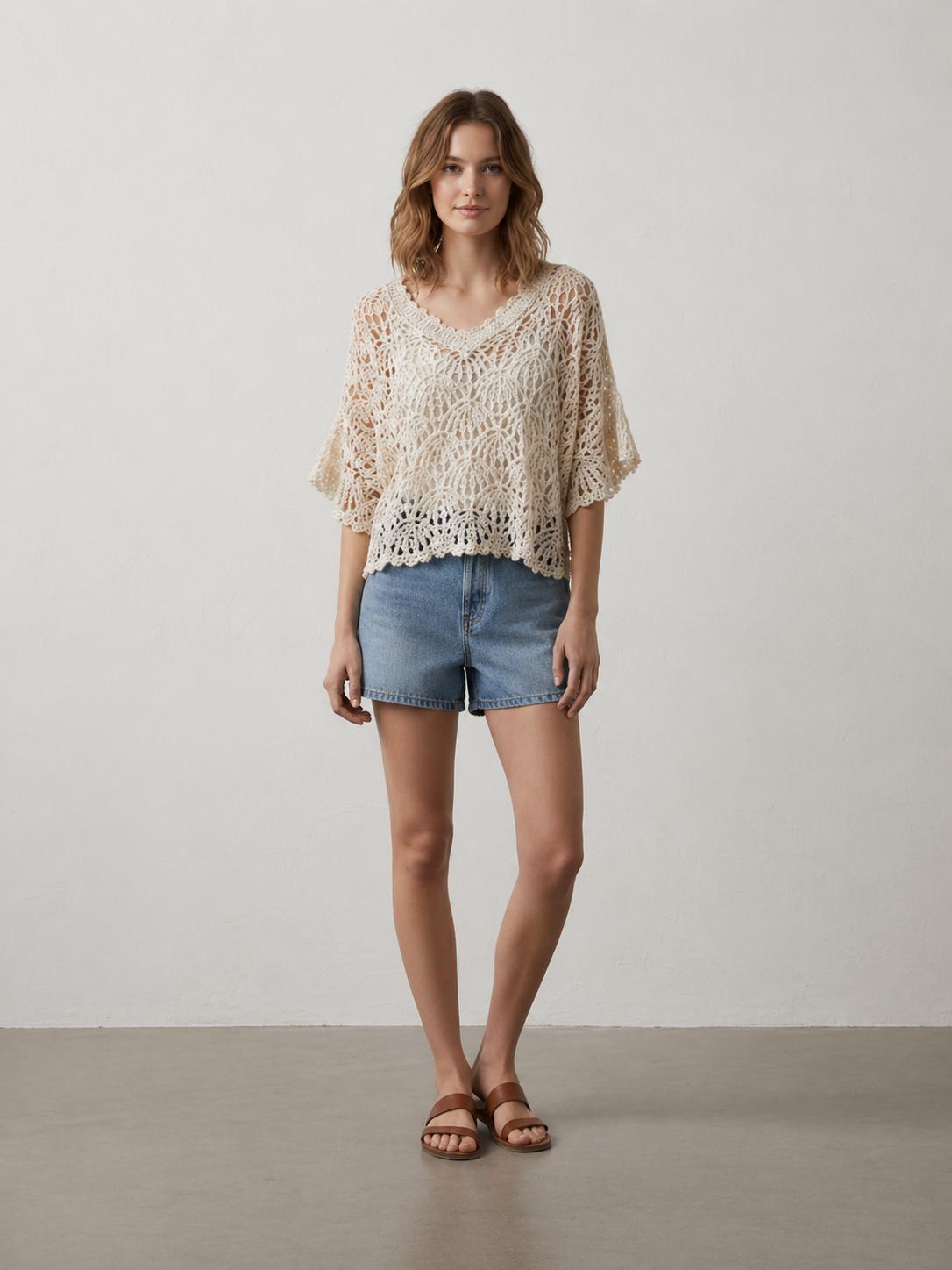 YULVET Blusa 2P de encaje calado con diseño artesanal y manga amplia fluida